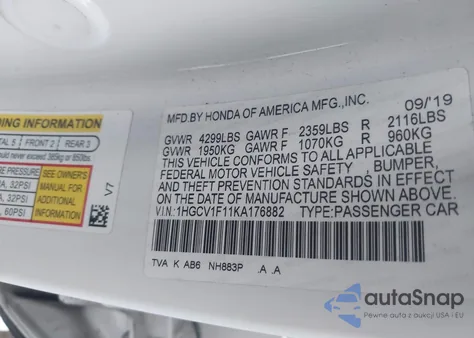 2019 Honda Accord Lx from USA, damaged, VIN 1HGCV1F11KA176882